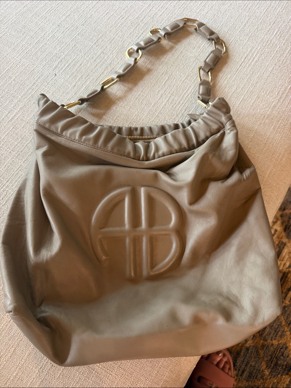 Anine Bing Neutral Taupe Leather Shoulder Hobo with Gold Chain Strap